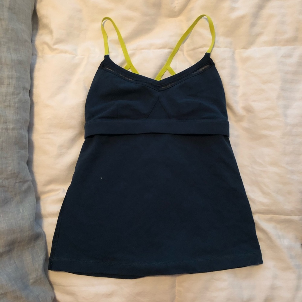 Dark green lululemon tank with yellow straps